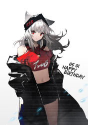 Rule 34 | 1girl, animal ears, arknights, bare shoulders, beanie, black coat, black hat, black shorts, breasts, clothing cutout, coat, cowboy shot, crop top, ears through headwear, fox ears, frostleaf (arknights), hands in pockets, happy birthday, hat, headphones, headphones around neck, highres, jewelry, long hair, looking at viewer, midriff, navel, necklace, off shoulder, open clothes, open coat, red eyes, red shirt, shirt, short shorts, shorts, shoulder cutout, silver hair, simple background, small breasts, solo, stomach, thighs, white background, xiayehongming
