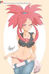 Rule 34 | 1girl, bare shoulders, breasts, chrissursilversoul, creatures (company), crop top, denim, flannery (pokemon), game freak, high ponytail, highres, jeans, large breasts, long hair, midriff, navel, nintendo, one eye closed, panties, pants, pokemon, pokemon oras, ponytail, red eyes, red hair, seductive smile, shirt, sleeveless, smile, solo, teasing, teeth, thong, tied shirt, underwear, undressing, wink