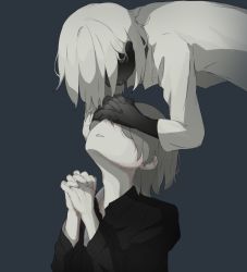 Rule 34 | 1boy, 1other, avogado6, black shirt, black skin, colored skin, commentary request, covering own eyes, grey background, grey hair, hands up, interlocked fingers, medium hair, negative, original, own hands together, parted lips, shirt, white hair, white shirt