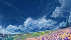 Rule 34 | axleaki, blue sky, chinese commentary, cloud, commentary request, day, dutch angle, falling petals, field, flower, flower field, grass, highres, horizon, no humans, original, outdoors, petals, scenery, sky, sky focus, tree