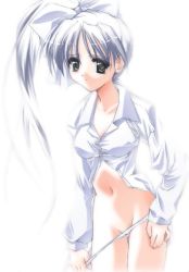 Rule 34 | 00s, blue eyes, blue hair, bottomless, bow, dress shirt, hair bow, itou noemi, long hair, long sleeves, navel, no pants, nomal, panties, panty pull, shirt, side ponytail, solo, standing, thigh gap, thighs, underwear, white panties, with you