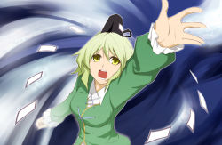 Rule 34 | 00s, 1girl, black hat, card, dress, female focus, from above, green dress, green eyes, green hair, hat, kakao (noise-111), long sleeves, looking up, matching hair/eyes, ofuda, open mouth, outstretched arm, outstretched hand, short hair, soga no tojiko, solo, spread fingers, tales of (series), tales of vesperia, tate eboshi, touhou, yellow eyes
