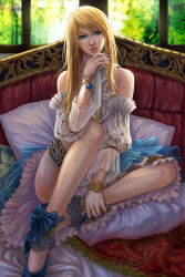 Rule 34 | 1girl, bad id, bad pixiv id, bare shoulders, bed, blonde hair, blue eyes, dress, highres, kacyu, long hair, looking at viewer, original, pillow, scarf, sitting, solo