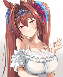 Rule 34 | 1girl, animal ears, bare shoulders, blush, breasts, brown hair, check commentary, cleavage, collarbone, commentary request, daiwa scarlet (umamusume), hair intakes, horse ears, horse girl, large breasts, long hair, looking at viewer, mitche, red eyes, smile, solo, tiara, twintails, umamusume, very long hair