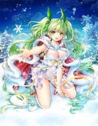Rule 34 | 1girl, babydoll, black socks, braid, breasts, cape, christmas, cleavage, commentary, frilled leotard, frills, fur-trimmed cape, fur trim, green eyes, green hair, green ribbon, hair ribbon, hobak, hood, hood down, hooded cape, houchi shoujo, kneeling, large breasts, leotard, long hair, looking at viewer, night, night sky, open mouth, reaching, reaching towards viewer, red cape, ribbon, see-through, sky, smile, snow, snow rabbit, snowflake print, snowflakes, snowing, socks, solo, strapless, teihou (houchi shoujo), tree, twin braids, twintails, white leotard, winter