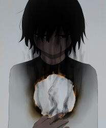 Rule 34 | 1boy, absurdres, avogado6, black eyes, black hair, burning, commentary, fire, grey background, grey shirt, hand on own chest, highres, hole in chest, hole on body, looking at viewer, male focus, no mouth, original, shirt, short hair, simple background, smoke, solo, straight-on, symbolism, upper body