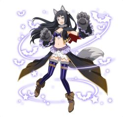 Rule 34 | 1girl, :d, animal ears, animal hands, black hair, bra, breasts, brown footwear, character request, cleavage, floating hair, full body, gloves, grey eyes, grey gloves, halloween, halloween costume, head tilt, long hair, looking at viewer, medium breasts, midriff, navel, open mouth, paw gloves, simple background, smile, solo, stomach, striped bra, striped clothes, striped thighhighs, sword art online, tail, thighhighs, underwear, vertical-striped bra, vertical-striped clothes, vertical-striped thighhighs, very long hair, white background, wolf ears, wolf tail