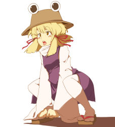 Rule 34 | 1girl, ahegao, blonde hair, blush stickers, face, female focus, harusame (unmei no ikasumi), hat, moriya suwako, open mouth, ribbon, sandals, skirt, skirt set, solo, squatting, thighhighs, tongue, touhou, vest, white thighhighs, yellow eyes