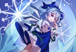 Rule 34 | 1girl, :p, artist name, blue dress, blue eyes, blue hair, blue ribbon, cirno, cowboy shot, dress, fairy, finger to eye, hair between eyes, outstretched arm, plant, ribbon, short hair, smirk, snowflakes, solo, tojorin, tongue, tongue out, touhou, touhou lost branch of legend, vines, wings