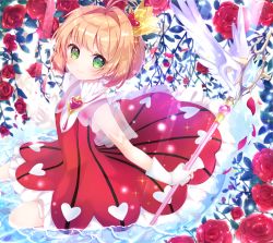 1girl antenna_hair brown_hair cardcaptor_sakura cardcaptor_sakura_clear_card_arc closed_mouth crown dress female_focus flower gloves green_eyes hair_intakes highres holding holding_staff kinomoto_sakura layered_dress looking_at_viewer okomeillust red_dress red_flower red_rose rose see-through_clothes short_hair sleeveless sleeveless_dress smile solo staff striped_clothes striped_dress sunlight vertical-striped_clothes vertical-striped_dress white_gloves