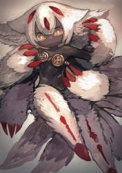 Rule 34 | 1girl, black skin, claws, colored skin, dark-skinned female, dark skin, extra arms, faputa, female focus, fur, goggles, highres, kaneni, made in abyss, monster girl, solo, wavy mouth, white hair, yellow eyes