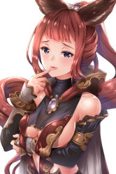 Rule 34 | 1girl, amasora taichi, animal ears, backless outfit, bare shoulders, black eyes, blunt bangs, blush, breasts, brooch, detached sleeves, dress, erune, finger to mouth, granblue fantasy, highres, jewelry, large breasts, lips, long hair, long sleeves, looking at viewer, mole, mole under eye, parted lips, ponytail, red dress, red hair, selfira, simple background, smile, solo, upper body, white background