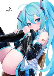 Rule 34 | 1girl, :&lt;, ahoge, bare shoulders, black footwear, black skirt, blue eyes, blue hair, blue nails, blush, boots, character name, closed mouth, detached sleeves, feet out of frame, fingernails, from side, hatsune miku, highres, knee to chest, legs up, long hair, long sleeves, looking at viewer, looking to the side, miniskirt, nail polish, number tattoo, on chair, shirt, shoulder tattoo, simple background, sitting, skirt, solo, takepon1123, tattoo, thigh boots, thighs, twintails, very long hair, vocaloid, white background, white shirt