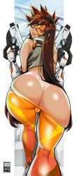 Rule 34 | 1girl, ass, bayeuxman, brown eyes, brown hair, butt crack, cameltoe, clothes pull, dual wielding, from behind, gun, handgun, highres, holding, holding gun, holding weapon, long hair, looking at viewer, no panties, orange goggles, orange pants, overwatch, pants, pants pull, smile, solo, spiked hair, tan, tanline, tight clothes, tight pants, tongue, tongue out, tracer (overwatch), weapon