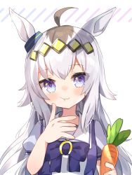Rule 34 | 1girl, :t, absurdres, ahoge, bad id, bad pixiv id, blush, bow, bowtie, brown hair, carrot, closed mouth, dot nose, grey hair, hand up, highres, holding, holding carrot, long hair, looking at viewer, multicolored hair, noi mine, oguri cap (umamusume), puffy short sleeves, puffy sleeves, purple bow, purple bowtie, purple eyes, purple shirt, shirt, short sleeves, simple background, solo, star (symbol), star in eye, symbol in eye, two-tone hair, umamusume, upper body, white background