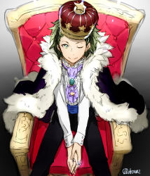 Rule 34 | 10s, 1boy, ;), cape, crown, egawa satsuki, from above, gradient background, green eyes, green hair, hairband, idolmaster, idolmaster side-m, looking at viewer, looking up, male focus, matching hair/eyes, mitarai shouta, one eye closed, own hands together, sitting, smile, solo, throne, twitter username