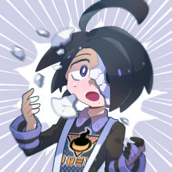 Rule 34 | 1boy, :o, ahoge, allister (pokemon), black hair, blurry, bright pupils, chiimako, collared shirt, commentary request, crack, cracked mask, creatures (company), emphasis lines, game freak, gloves, hands up, long sleeves, looking at viewer, male focus, mask, mole, mole under mouth, nintendo, open mouth, pokemon, pokemon swsh, purple eyes, shirt, short hair, single glove, solo, suspenders, tongue, upper body, white pupils