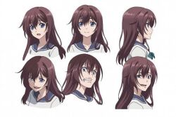 Rule 34 | 1girl, angry, blue eyes, blue ribbon, brown hair, closed mouth, honda natsuko, long hair, looking at viewer, open mouth, ousama game (novel), ribbon, sailor collar, sailor shirt, school uniform, shirt, simple background, smile, solo, very long hair, white background, white shirt, yandere