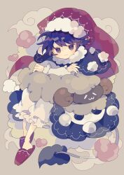 Rule 34 | 1girl, absurdres, animal, black capelet, black dress, blue eyes, blue hair, capelet, closed mouth, doremy sweet, dress, full body, grey background, hat, highres, long sleeves, looking at viewer, multicolored clothes, multicolored dress, nightcap, nikorashi-ka, pom pom (clothes), red footwear, red hat, sheep, short hair, simple background, slippers, smile, solo, tail, tapir tail, touhou, white dress