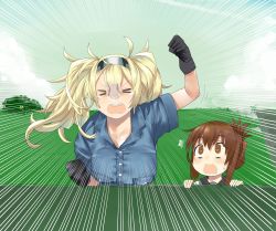 Rule 34 | 2girls, absurdres, aima imoko0327, baseball, black gloves, black sailor collar, blonde hair, blue shirt, blue sky, breast pocket, breasts, brown eyes, brown hair, cloud, collared shirt, commentary request, day, closed eyes, facing viewer, fence, folded ponytail, gambier bay (kancolle), gloves, hairband, highres, in the face, inazuma (kancolle), kantai collection, large breasts, long hair, multiple girls, open mouth, outdoors, pocket, round teeth, sailor collar, school uniform, serafuku, shirt, sky, speed lines, stairs, teeth, twintails, upper body, upper teeth only