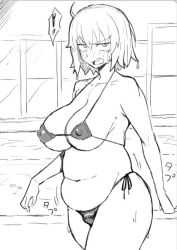 Rule 34 | 1girl, annoyed, belly, big belly, bikini, blush, breasts, cleavage, collarbone, covered erect nipples, fat rolls, fate/grand order, fate (series), greyscale, jeanne d&#039;arc (fate), jeanne d&#039;arc alter (avenger) (fate), jeanne d&#039;arc alter (fate), large breasts, looking at viewer, micro bikini, monochrome, navel, nikujuu uc, open mouth, plump, sagging breasts, short hair, side-tie bikini bottom, simple background, solo, standing, swimsuit, thighs, walking