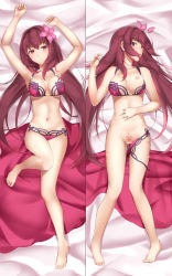 Rule 34 | 1girl, bad id, bad pixiv id, barefoot, bed sheet, bikini, blush, breasts, dakimakura (medium), fate/grand order, fate (series), feet, flower, from above, full body, hair flower, hair ornament, large breasts, long hair, looking at viewer, lying, midriff, multiple views, navel, nipples, on back, pinta (ayashii bochi), purple hair, red eyes, scathach (fate), scathach (fate/grand order), scathach (swimsuit assassin) (fate), swimsuit
