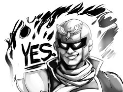 Rule 34 | 1boy, captain falcon, english text, f-zero, glowing, glowing eyes, greyscale, grin, helmet, lazorchef, looking at viewer, monochrome, nintendo, scarf, shiny clothes, shiny skin, smile, teeth, upper body, white background