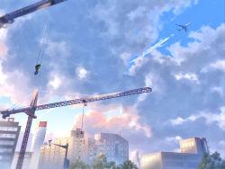 Rule 34 | absurdres, aircraft, airplane, billboard, building, city, cityscape, cloud, cloudy sky, crane (machine), day, highres, lamppost, mifachu (1064317697), no humans, original, outdoors, scenery, sky, skyscraper, tree