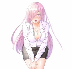 Rule 34 | :o, blush, breasts, cleavage, hair over one eye, highres, large breasts, leaning forward, long hair, pencil skirt, pink hair, purple eyes, renshuunomi, shirt, simple background, skirt, solo, standing, tongue, tongue out, very long hair, white background, white shirt