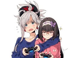Rule 34 | &gt;:), 2girls, arm around neck, black hair, blue eyes, bow, breasts, closed mouth, collarbone, controller, dualshock, earrings, fate/grand order, fate (series), flying sweatdrops, folded ponytail, game controller, gamepad, glasses, grey hair, hair bow, hairband, hood, hooded sweater, hoodie, imigimuru, jewelry, long hair, long sleeves, medium breasts, miyamoto musashi (fate), multiple girls, osakabehime (fate), pink eyes, playstation controller, red-framed eyewear, ribbed sweater, short hair, simple background, smile, sparkle, sweatdrop, sweater, swept bangs, upper body, v-shaped eyebrows