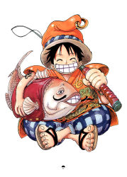 Rule 34 | 1boy, cleaned, fish, fishing rod, hat, highres, indian style, male focus, monkey d. luffy, oda eiichirou, official art, one piece, sitting, smile, solo, straw hat