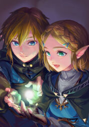 Rule 34 | 1boy, 1girl, black cape, black gloves, blonde hair, blue eyes, blue tunic, braid, breasts, cape, champion&#039;s tunic (zelda), closed mouth, fingerless gloves, gloves, green eyes, hair between eyes, hair ornament, hairpin, hands up, link, lips, long sleeves, magic, medium breasts, nintendo, open mouth, pointy ears, princess zelda, puffy long sleeves, puffy sleeves, purple background, shirt, short hair, sidelocks, simple background, sitting, smile, the legend of zelda, the legend of zelda: tears of the kingdom, tongue, tunic, white shirt, yurinko