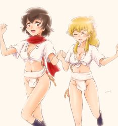 Rule 34 | 2girls, blonde hair, blush, breasts, brown hair, caesar (girls und panzer), carpaccio (girls und panzer), cleavage, closed eyes, fundoshi, girls und panzer, groin, hair ornament, hair ribbon, highres, hiyama yuu (wee259hiyama), holding hands, japanese clothes, large breasts, looking at another, midriff, multiple girls, navel, open mouth, ponytail, red scarf, ribbon, scarf, shiny skin, short hair, simple background, smile, yellow background, yuri