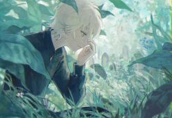 Rule 34 | 1boy, black shirt, chromatic aberration, closed mouth, crying, from side, grass, hand up, highres, kotorino mabuta, leaf, long sleeves, male focus, nature, original, outdoors, plant, profile, shirt, short hair, signature, solo, tears, upper body, white hair