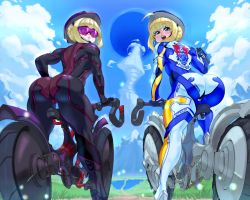 Rule 34 | 2girls, adapted costume, ahoge, artoria pendragon (all), artoria pendragon (fate), ass, bicycle, bicycle helmet, biker clothes, bikesuit, blonde hair, bodysuit, bottle, braid, dual persona, fate/grand order, fate (series), french braid, from behind, from below, hair bun, helmet, holding, holding bottle, multiple girls, pale skin, saber (fate), saber alter, single hair bun, skin tight, sunglasses, water bottle, ziromaru