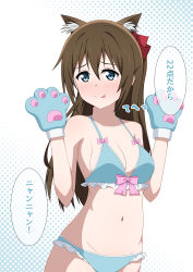 Rule 34 | 1girl, :p, absurdres, animal ears, animal hands, aqua bra, aqua eyes, aqua panties, artist name, artist request, bare shoulders, blue eyes, blush, bow, bra, breasts, brown hair, cat ears, check translation, cleavage, collarbone, commentary request, female focus, frilled bra, frilled panties, frills, front-tie bra, front-tie top, gloves, hair between eyes, half updo, high ponytail, highres, hoenn (hoenn17), long hair, looking at viewer, love live!, love live! nijigasaki high school idol club, medium breasts, osaka shizuku, panties, parted lips, paw gloves, pink bow, polka dot, polka dot background, ponytail, red bow, smile, solo, speech bubble, tongue, tongue out, translated, translation request, underwear, white background, worried