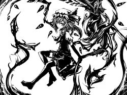 Rule 34 | 1girl, acryl, ascot, female focus, flandre scarlet, greyscale, hat, hat ribbon, laevatein, light smile, monochrome, ribbon, short hair, short sleeves, side ponytail, solo, thighhighs, touhou, vampire, weapon, wings, zettai ryouiki