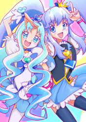 Rule 34 | 10s, 2girls, :d, absurdres, amawa kazuhiro, arm up, black legwear, blue eyes, blue hair, blue skirt, bow, brooch, choker, color connection, crown, cure marine, cure princess, happinesscharge precure!, heart, heart brooch, heartcatch precure!, highres, jewelry, kurumi erika, long hair, magical girl, mini crown, multiple girls, necktie, official style, open mouth, precure, ribbon, shirayuki hime, sidelocks, skirt, smile, thighhighs, trait connection, twintails, white legwear, wrist cuffs