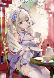 Rule 34 | 1girl, akatsuki hijiri, alternate costume, alternate hairstyle, bare shoulders, blue eyes, bow, breasts, cherry blossoms, cleavage cutout, clothing cutout, commentary request, cup, dress, fate/grand order, fate (series), flower, gloves, hair between eyes, hair bow, hair flower, hair ornament, highres, holding, holding cup, holding plate, long hair, looking at viewer, marie antoinette (fate), medium breasts, pelvic curtain, petals, plate, purple dress, purple flower, see-through, side slit, sitting, sleeveless, sleeveless dress, smile, solo, table, teacup, thighhighs, twintails, white gloves, white hair, white thighhighs