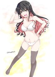 Rule 34 | 1girl, black eyes, black hair, black thighhighs, bra, breasts, fang, feet out of frame, full body, kantai collection, long hair, looking at viewer, medium breasts, mikage takashi, multicolored background, multicolored hair, naganami (kancolle), open mouth, panties, pink hair, smile, solo, standing, star (symbol), starry background, thighhighs, twitter username, two-tone hair, underwear, underwear only, wavy hair, white background, white bra, white panties