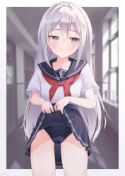 Rule 34 | 1girl, aid!, anchor symbol, artist name, black one-piece swimsuit, black sailor collar, black skirt, blue eyes, blush, closed mouth, clothes lift, collarbone, gluteal fold, groin, hair between eyes, hibiki (kancolle), highres, kantai collection, lifted by self, long hair, neckerchief, one-piece swimsuit, pleated skirt, red neckerchief, sailor collar, school uniform, serafuku, short sleeves, silver hair, skirt, skirt lift, solo, swimsuit, swimsuit under clothes