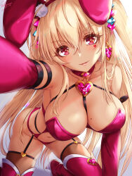 Rule 34 | 1girl, all fours, animal ears, arm strap, bare shoulders, blonde hair, blush, boots, breasts, cleavage, commentary request, detached collar, earrings, fake animal ears, garter straps, heart, heart earrings, high heel boots, high heels, highres, jewelry, kneeling, large breasts, leotard, long hair, looking at viewer, mole, mole on breast, navel, o-ring, original, photoshop (medium), playboy bunny, pov, rabbit ears, rabbit tail, reaching, reaching towards viewer, red eyes, red leotard, revealing clothes, sakiyamama, selfie, sidelocks, solo, tail, tan, thigh boots, thighhighs, thighhighs under boots, twintails, two side up, wrist cuffs