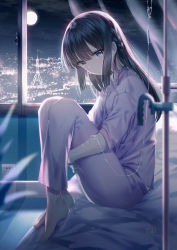 Rule 34 | 1girl, absurdres, barefoot, bed sheet, black hair, blue eyes, braid, closed mouth, commentary request, crying, crying with eyes open, eiffel tower, from side, full body, full moon, highres, indoors, junpaku karen, knees to chest, knees up, long hair, looking at viewer, looking to the side, makinohara shouko, moon, night, night sky, on bed, pajamas, seishun buta yarou, short sleeves, side braid, signature, sitting, sky, smile, solo, tears, very long hair, window