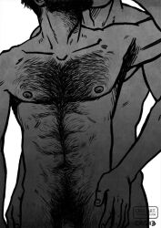 Rule 34 | 2boys, bara, beard, black hair, blonde hair, chest hair, completely nude, couple, cris art, facial hair, greyscale, hairy, hand on another&#039;s hip, head out of frame, hulkling, leg hair, male focus, male pubic hair, marvel, mature male, monochrome, multiple boys, navel hair, nude, pectorals, penis, penis peek, pubic hair, short hair, sideburns, thick eyebrows, toned, toned male, turning head, wiccan, yaoi