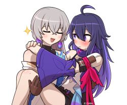 Rule 34 | 2girls, ahoge, armband, arms around neck, bare shoulders, black shorts, blue eyes, blue hair, blue scarf, blue sleeves, blush, bronya rand, brown gloves, carrying, carrying person, chen (somanychens), closed eyes, closed mouth, commentary, crossed bangs, detached sleeves, earrings, english commentary, gloves, grey hair, hair between eyes, hand on another&#039;s shoulder, honkai: star rail, honkai (series), jewelry, looking at another, multiple girls, open mouth, red armband, scarf, seele (honkai: star rail), shorts, simple background, sweatdrop, twitter username, upper body, white background
