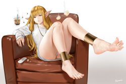 Rule 34 | 1girl, alternate costume, anklet, artist name, ass, barefoot, blonde hair, breasts, commentary, controller, easonx, english commentary, feet, floating, floating object, foot focus, gradient background, highres, jewelry, long hair, long sleeves, looking at viewer, panties, pointy ears, remote control, serie (sousou no frieren), shirt, small breasts, soles, solo, sousou no frieren, toes, underwear, white panties, white shirt, yellow eyes