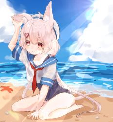 Rule 34 | 1girl, animal ear fluff, animal ears, barefoot, beach, day, hair ornament, hairclip, hat, long hair, low twintails, ocean, one-piece swimsuit, outdoors, pink eyes, pink hair, rabbit ears, rabbit tail, school swimsuit, school uniform, serafuku, shirt, sketch, solo, swimsuit, tail, tomari mari, tomari mari channel, twintails, very long hair, virtual youtuber, white hat, white shirt