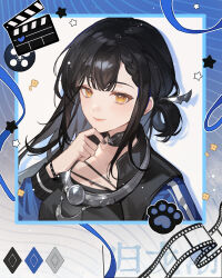 Rule 34 | 1girl, black choker, black hair, black nails, black shirt, blue border, blue jacket, blue ribbon, border, braid, braided bangs, choker, clapperboard, copyright name, film strip, gradient border, guilongchao, hair bun, hand on own chin, hand up, highres, ichisaku, jacket, jewelry, long hair, looking at viewer, necklace, ribbon, second-party source, shirt, side up bun, smile, solo, star (symbol), stroking own chin, tong (female) (guilongchao), upper body, white background, yellow eyes