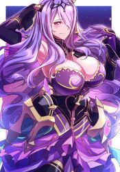 Rule 34 | 1girl, absurdres, armpits, breasts, camilla (alluring darkness) (fire emblem), camilla (fire emblem), cleavage, closed mouth, fire emblem, fire emblem fates, fire emblem heroes, gloves, hair over one eye, highres, large breasts, long hair, looking at viewer, nintendo, official alternate costume, purple eyes, purple gloves, purple hair, smile, solo, to (tototo tk), very long hair