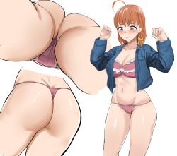 Rule 34 | ahoge, ass, ass focus, embarrassed, hands up, highres, kiru (bsesso), looking down, love live!, love live! sunshine!!, multiple views, open clothes, open shirt, orange hair, red eyes, short hair, takami chika, underwear
